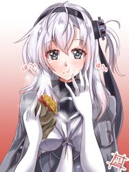 Rule 34 | 1girl, absurdres, artist logo, black sailor collar, commentary request, food, food on face, gloves, gradient background, grey jacket, highres, jacket, jacket on shoulders, kantai collection, kentan (kingtaiki), long hair, looking at viewer, one-hour drawing challenge, one side up, red background, sailor collar, school uniform, serafuku, silver hair, solo, suzutsuki (kancolle), sweet potato, upper body, white background, white gloves