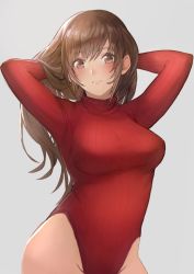 Rule 34 | 1girl, arms behind head, arms up, bare hips, blush, breasts, brown eyes, brown hair, closed mouth, commentary request, grey background, groin, hands in hair, head tilt, heattech leotard, highleg, highleg leotard, highres, large breasts, leotard, long hair, long sleeves, looking at viewer, meme attire, original, otsukemono, red leotard, red sweater, ribbed leotard, ribbed sweater, sidelocks, simple background, solo, standing, striped clothes, striped leotard, sweater, swept bangs, turtleneck, turtleneck sweater, uniqlo, upper body