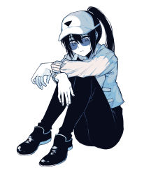 Rule 34 | 1girl, baseball cap, black pants, chinese commentary, closed mouth, commentary request, deep (deep4946), hat, highres, limited palette, long hair, long sleeves, looking at viewer, original, pants, ponytail, simple background, sitting, solo, sunglasses, symbol-shaped pupils, triangle-shaped pupils, white background
