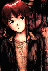 Rule 34 | 1990s (style), 1girl, androgynous, brown jacket, closed mouth, collarbone, eizokenkyubu, expressionless, head tilt, highres, iwakura lain, jacket, looking at viewer, red hair, serial experiments lain, short hair