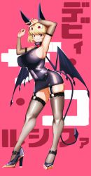 Rule 34 | 1girl, absurdres, animal ears, armpits, arms up, bat ears, bat wings, black footwear, black thighhighs, blonde hair, breasts, debby the corsifa, debby the corsifa wa makezugirai, debby the corsifa wa makezugirai, demon tail, demon wings, dress, elbow gloves, extra eyes, fingerless gloves, flower, flower neckwear, full body, garter straps, gloves, grin, high heels, highres, large breasts, looking at viewer, presenting armpit, red background, red eyes, red flower, red rose, rose, shin deadball iwata, shiny clothes, short dress, short hair, sideboob, skindentation, sleeveless, sleeveless dress, smile, solo, standing, tail, teeth, thighhighs, thighs, v, wings