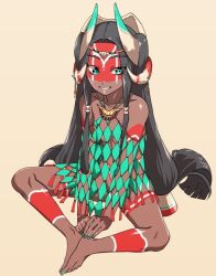 Rule 34 | 1girl, brown hair, dark-skinned female, dark skin, green eyes, long hair, mayan, mayan mythology, tribal