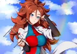 Rule 34 | android 21, black-framed eyewear, black nails, black sleeves, blue eyes, blue sky, blush, breasts, brown hair, checkered clothes, checkered dress, cloud, coat, commentary, curly hair, detached sleeves, dragon ball, dragon ball fighterz, dress, earrings, english commentary, unworn eyewear, glasses, hair between eyes, highres, holding, holding removed eyewear, hoop earrings, jewelry, lab coat, large breasts, long hair, looking at viewer, nail polish, outdoors, red ribbon army, sky, white coat, xer (yuaz3274)