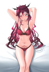 Rule 34 | 1girl, absurdres, ahoge, armpits, arms behind head, blue eyes, blush, body writing, bra, breasts, cleavage, english text, hair between eyes, heterochromia, highres, hololive, hololive english, horns, irys (hololive), large breasts, lingerie, long hair, looking at viewer, multicolored hair, navel, nose blush, panties, pointy ears, pubic tattoo, purple bra, purple eyes, purple hair, purple panties, red hair, shift (shiftillust), sitting, solo, stomach, tattoo, underwear, underwear only, very long hair, virtual youtuber