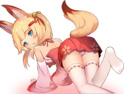 Rule 34 | 1girl, all fours, animal ear fluff, animal ears, ass, bare back, bare shoulders, bell, blonde hair, blue eyes, commentary request, detached sleeves, fox ears, fox tail, from behind, hair ornament, hairclip, japanese clothes, jingle bell, kemomimi oukoku kokuei housou, leg lift, long hair, looking back, maebari, miko, mikoko (kemomimi oukoku kokuei housou), miniskirt, ofuda, ofuda on pussy, open mouth, pink shirt, red skirt, rk (rktorinegi), shirt, skirt, solo, tail, thighhighs, twintails, virtual youtuber, white thighhighs
