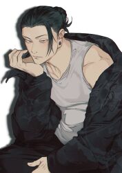 Rule 34 | 1boy, absurdres, asian, black hair, black jacket, black pants, brown eyes, ceo aneki, closed mouth, earrings, elbow on thigh, feet out of frame, getou suguru, hair bun, hand on lap, hand on own chin, head rest, highres, jacket, jacket partially removed, jewelry, jujutsu kaisen, looking at viewer, loose hair strand, pants, shadow, simple background, single hair bun, sitting, solo, stud earrings, tank top, toned, toned male, white background, white tank top