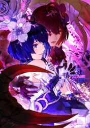 Rule 34 | 2girls, ahoge, bare shoulders, black gloves, black headwear, blue eyes, blue hair, chain, claws, commentary, detached sleeves, dress, english commentary, eulyin huan, flower, gloves, hair flower, hair ornament, hand on another&#039;s back, highres, honkai (series), honkai impact 3rd, interlocked fingers, lower teeth only, multiple girls, open mouth, red eyes, red hair, seele (alter ego), seele vollerei, seele vollerei (stygian nymph), short hair, smile, teeth, upper body, white dress, white flower, white headwear