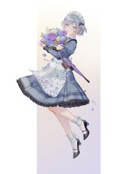 Rule 34 | 1girl, ankle wrap, apron, black bow, black footwear, blue dress, blue flower, blue ribbon, blush, bouquet, bow, closed eyes, commentary request, contender (flowerful maid) (girls&#039; frontline), contender (girls&#039; frontline), dress, floral print, flower, frilled dress, frills, frown, full body, girls&#039; frontline, gradient background, grey hair, gun, hair bow, handgun, high heels, holding, holding bouquet, holster, holstered, juliet sleeves, long sleeves, maid, maid apron, maid headdress, name connection, neck ribbon, object namesake, official alternate costume, outside border, petals, pistol, puffy sleeves, purple flower, ribbon, rifle-caliber handgun, rifle-caliber pistol, rj (lingshih10), rose, short hair, socks, solo, sweat, thompson/center contender, two side up, weapon, white flower, white rose, white socks