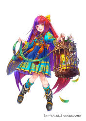 Rule 34 | 1girl, :d, birdcage, black footwear, blue skirt, boots, bow, cage, dmm, flower, full body, hair bow, heterochromia, lock, mataichi mataro, multicolored hair, official art, open mouth, purple hair, red eyes, red hair, scar, simple background, skirt, smile, solo, tassel, two-tone hair, white background, wide sleeves, yellow bow, yellow eyes, yuba no shirushi