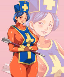 Rule 34 | 1girl, blue hair, bodysuit, chunsoft, dragon quest, dragon quest iii, enix, ganto, gloves, hat, latex, latex gloves, nipples, priest (dq3), red eyes, simple background, solo, tagme, zoom layer