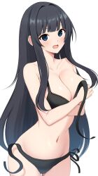 Rule 34 | 1girl, arms under breasts, bare arms, bare shoulders, bikini, black bikini, black hair, blue eyes, blunt bangs, blush, breasts, cleavage, collarbone, commentary request, covering one breast, covering privates, cowboy shot, crossed arms, groin, hands up, highres, ikaruga (senran kagura), large breasts, long hair, looking at viewer, navel, open mouth, senran kagura, side-tie bikini bottom, sidelocks, simple background, solo, standing, stomach, surippa1010, swimsuit, untied bikini, very long hair, wardrobe malfunction, white background