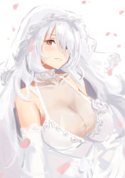 Rule 34 | 1girl, bad id, bad pixiv id, blush, breasts, bridal veil, cleavage, collarbone, dress, elbow gloves, girls&#039; frontline, gloves, hair over one eye, head tilt, highres, large breasts, long hair, looking at viewer, messy hair, official alternate costume, parted lips, petals, pk (by your side) (girls&#039; frontline), pk (girls&#039; frontline), red eyes, see-through, sidelocks, silver hair, smile, solo, takagaki eru, taut clothes, taut dress, upper body, veil, very long hair, wedding dress, white dress, white gloves