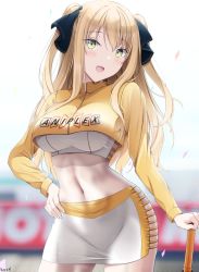 Rule 34 | 1girl, aniplex, ao no kanata no four rhythm, artist name, bad id, bad pixiv id, black ribbon, blonde hair, blurry, blurry background, blush, breasts, commentary, cowboy shot, crop top, cropped jacket, hair ribbon, hand on own hip, highres, keenh, large breasts, long hair, long sleeves, looking at viewer, midriff, navel, open mouth, pencil skirt, ribbon, satouin reiko, signature, skirt, smile, solo, standing, stomach, two side up, white skirt, yellow eyes