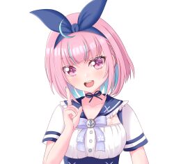 Rule 34 | 1girl, anchor symbol, blue hairband, blue nails, bob cut, bow, choker, colored inner hair, female focus, hairband, highres, hololive, koonnad31, looking at viewer, minato aqua, minato aqua (sailor), multicolored hair, official alternate costume, official alternate hairstyle, open mouth, pink hair, purple eyes, sailor collar, school uniform, short hair, smile, solo, virtual youtuber, white background