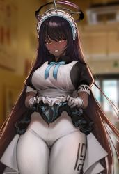 Rule 34 | 1girl, absurdres, apron, black hair, blue archive, blue bow, blue bowtie, blush, bow, bowtie, breasts, clothes lift, cowboy shot, crying, crying with eyes open, dark-skinned female, dark skin, frilled apron, frilled hairband, frilled skirt, frills, gg amang, gloves, hair between eyes, hairband, halo, highres, indoors, karin (blue archive), large breasts, lifting own clothes, long hair, looking at viewer, maid, open mouth, pantyhose, short sleeves, sidelocks, skirt, skirt lift, solo, standing, tears, very long hair, white apron, white gloves, white pantyhose, yellow eyes
