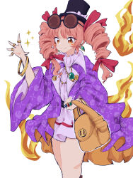 Rule 34 | 1girl, absurdres, bag, bow, closed mouth, coat, commentary request, cowboy shot, dress, drill hair, drop earrings, earrings, eyewear on head, fire, frills, hair bow, hair ribbon, hand up, handbag, hat, hat bow, highres, jewelry, light brown hair, long hair, mugi (mugimugi 9kv), necklace, orange eyes, purple coat, red bow, ribbon, ring, round eyewear, short dress, simple background, sleeves past elbows, smile, solo, sparkle, standing, top hat, touhou, tress ribbon, twin drills, white background, white bow, white dress, wide sleeves, yorigami jo&#039;on