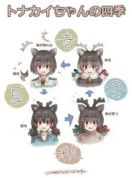 Rule 34 | 1girl, alternate costume, animal ears, antlers, blue shirt, blush, bow, brown hair, brown sweater, check translation, collared shirt, deer antlers, deer ears, deer girl, extra ears, green bow, green eyes, hair bow, heterochromia, highres, horns, jacket, kemono friends, kemono friends 3, long hair, looking at viewer, multiple views, nyororiso (muyaa), official alternate costume, red bow, red eyes, reindeer (kemono friends), reindeer antlers, reindeer girl, safari jacket, shirt, short hair, smile, sweater, translation request, twintails, uniform, white hair