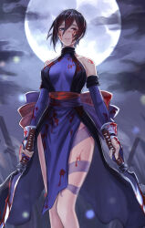 Rule 34 | 1girl, akito1218, backless kimono, black hair, blood, blood on clothes, blood on face, bloody weapon, blue eyes, blue gloves, blue kimono, breasts, cloud, cloudy sky, dual wielding, elbow gloves, full moon, gloves, heterochromia, highres, holding, holding sword, holding weapon, japanese clothes, kimono, leg tattoo, lips, looking at viewer, medium breasts, moon, night, night sky, ninja, obi, outdoors, parted lips, partially fingerless gloves, pelvic curtain, planted, planted sword, planted weapon, red eyes, samurai spirits, sash, shiki (samurai spirits), short hair, short sword, sky, solo, sword, tantou, tattoo, weapon