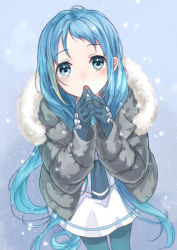 Rule 34 | 1girl, black gloves, black pantyhose, blue eyes, blue hair, coat, commentary request, commission, cowboy shot, from behind, fur-trimmed coat, fur trim, gloves, gradient hair, grey coat, kantai collection, mitsuyo (mituyo324), multicolored hair, neckwear request, pantyhose, samidare (kancolle), school uniform, serafuku, skirt, snow, solo, standing, swept bangs, white skirt