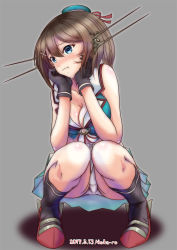 Rule 34 | 10s, 1girl, artist name, beret, black gloves, blue eyes, blush, breasts, brown hair, cleavage, commentary request, dated, gloves, grey background, hair between eyes, hair ornament, hat, kantai collection, maya (kancolle), maya kai ni (kancolle), moke ro, panties, pantyshot, pleated skirt, pout, red footwear, shadow, shoes, short hair, simple background, sitting, skirt, sleeveless, solo, underwear, white panties, white skirt, x hair ornament