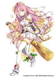 Rule 34 | 1girl, ascot, braid, broom, crown braid, enishida (flower knight girl), flower, flower knight girl, full body, gloves, hat, long hair, looking at viewer, name connection, nurse cap, object namesake, official art, one eye closed, pink eyes, pink hair, rei (rei&#039;s room), shoes, skirt, smile, solo, standing, thighhighs, white gloves, white skirt, white thighhighs