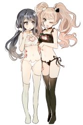 Rule 34 | 10s, 2girls, :o, ;o, alternate hairstyle, arm around waist, bad id, bad tumblr id, bell, neck bell, black legwear, blue eyes, blue hair, breasts, cat cutout, cat ear panties, cat lingerie, choker, cleavage, cleavage cutout, clothing cutout, danganronpa (series), danganronpa: trigger happy havoc, enoshima junko, eyelashes, full body, hair ornament, hairclip, jingle bell, lingerie, long hair, low twintails, maizono sayaka, meme attire, multiple girls, nail polish, navel, no shoes, one eye closed, open mouth, otohime (kk23maa), panties, pink hair, red nails, side-tie panties, simple background, spoilers, standing, thighhighs, twintails, underwear, underwear only, white background, white legwear