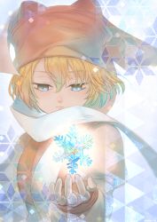 Rule 34 | 1boy, blonde hair, blue eyes, facing viewer, final fantasy, final fantasy tactics advance, fingerless gloves, gloves, haruhito (pixiv56745), highres, llednar twem, red headwear, scarf, snowflakes, solo, upper body, white scarf