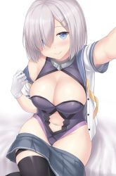 Rule 34 | 1girl, areola slip, bare shoulders, bed sheet, black thighhighs, blue eyes, blue skirt, blush, bob cut, breasts, buttons, cleavage, cleavage cutout, closed mouth, clothes pull, clothing cutout, cosplay, cowboy shot, fate/grand order, fate (series), gloves, gorget, hair ornament, hair over one eye, hairclip, halterneck, hamakaze (kancolle), head tilt, indoors, kantai collection, large breasts, legs together, leotard, leotard under clothes, light smile, looking at viewer, mash kyrielight, miniskirt, navel, navel cutout, neckerchief, off shoulder, on bed, open clothes, open shirt, outstretched arm, parted bangs, pleated skirt, pulling own clothes, sama samasa, school uniform, serafuku, shielder (fate/grand order), shielder (fate/grand order) (cosplay), shirt, short hair, short sleeves, sideboob, silver hair, simple background, sitting, skirt, skirt pull, sleeve cuffs, smile, solo, thigh strap, thighhighs, unbuttoned, undressing, untied, white background, white gloves, white shirt, yellow neckerchief