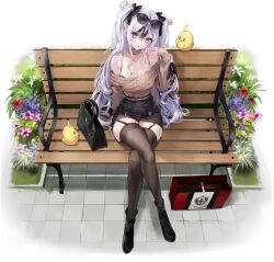 Rule 34 | 1girl, :d, azur lane, bag, bench, black bow, black bra, black hair, black skirt, blush, bow, bra, breasts, cleavage, crossed legs, detached collar, earrings, elbe (azur lane), elbe (pure-hearted bad girl) (azur lane), expressions, eyewear on head, flower, from above, garter straps, hair bow, hand up, handbag, happy, highres, hip focus, jewelry, lace, lace-trimmed bra, lace trim, long hair, long sleeves, looking at viewer, manjuu (azur lane), medium breasts, multicolored hair, nail polish, non-web source, off-shoulder shirt, off shoulder, official alternate costume, official art, open mouth, outdoors, panties, panty peek, park bench, red nails, shirt, skindentation, skirt, smile, solo, staring, streaked hair, sunglasses, thighhighs, transparent background, two-tone hair, two side up, underwear, upskirt, very long hair, white hair