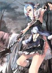 Rule 34 | 1girl, armor, armpits, bad id, bad pixiv id, bare tree, blue eyes, blue hair, cloud, cloudy sky, commentary, fantasy, fingerless gloves, frilled skirt, frills, fur trim, gauntlets, gloves, hair between eyes, headband, highres, holding, holding weapon, knee up, lee-chan (saraki), looking at viewer, matching hair/eyes, navel, original, parted lips, polearm, saraki, short hair, shoulder pads, skirt, sky, solo, spear, standing, tree, water, waterfall, weapon