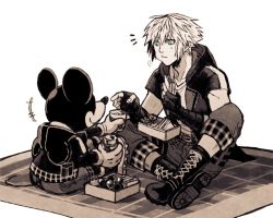Rule 34 | 2boys, aqua eyes, black footwear, black gloves, boots, cup, eating, fingerless gloves, full body, gloves, holding, holding cup, hood, hood down, indian style, jacket, kingdom hearts, kingdom hearts iii, male focus, mickey mouse, multiple boys, owlforkh, pants, pants rolled up, plaid, riku (kingdom hearts), short sleeves, sitting, spot color, white background