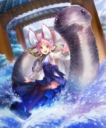 Rule 34 | 1girl, :d, animal ears, artist request, cygames, fang, green eyes, japanese clothes, looking at viewer, miko, official art, open mouth, pink hair, ribbon, riding, rope, scales, shadowverse, shimenawa, smile, snake, tenko (shadowverse), thighhighs, torii, water, wide sleeves