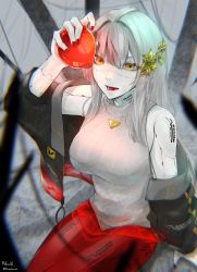 Rule 34 | 1girl, android, apple, black jacket, breasts, eyebrows hidden by hair, food, fruit, hair intakes, highres, holding, holding food, holding fruit, indie virtual youtuber, jacket, medium breasts, metal skin, mikanmochi (mikanmoch1), off shoulder, open mouth, ribbed sweater, sleeveless, sleeveless sweater, smile, solo, sweater, the cecile (vtuber), virtual youtuber