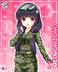 Rule 34 | 1girl, :o, black gloves, black hair, camouflage, camouflage jacket, camouflage pants, card (medium), girlfriend (kari), gloves, goggles, green jacket, green pants, hair ornament, jacket, low twintails, morizono mei, official art, open mouth, orange eyes, pants, pink background, qp:flapper, shirt, shoes, socks, solo, twintails, white shirt