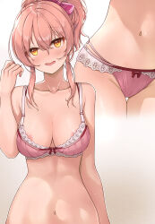 Rule 34 | 1girl, areola slip, blush, bow, bow bra, bow panties, bra, breasts, cleavage, dot nose, groin, hair between eyes, hair bow, hand up, highres, idolmaster, idolmaster cinderella girls, jougasaki mika, lace, lace-trimmed bra, lace-trimmed panties, lace trim, lower body, medium breasts, mk (mod0), multiple views, navel, nervous smile, open mouth, panties, pink bow, pink bra, pink hair, pink nails, pink panties, raised eyebrows, red bow, short ponytail, sidelocks, smile, stomach, thigh gap, underwear, underwear only, upper body, yellow eyes