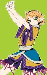 Rule 34 | 1girl, blonde hair, green background, green eyes, japanese clothes, mizuhashi parsee, pointy ears, short hair, solo, thupoppo, touhou