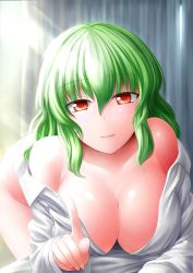 Rule 34 | 1girl, afterglow, bare shoulders, blush, bottomless, breasts, cleavage, dress shirt, female focus, green hair, highres, kazami yuuka, large breasts, naked shirt, no bra, red eyes, shirt, short hair, solo, touhou, y2
