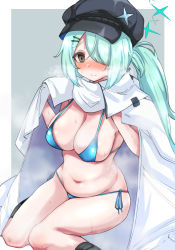 Rule 34 | 1girl, aqua hair, bikini, black hat, black socks, blue archive, blue bikini, blush, breasts, cape, closed mouth, grey eyes, hair ornament, hair over one eye, hairclip, halo, hat, highres, hiyori (blue archive), kneehighs, large breasts, long hair, looking at viewer, machismo fuji, ponytail, side-tie bikini bottom, side ponytail, simple background, socks, solo, sweat, swimsuit, two-tone background, very long hair, white cape