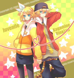 Rule 34 | 1boy, 1girl, baseball cap, belt, blonde hair, blue eyes, brother and sister, casual, earrings, hair ornament, hair ribbon, hairclip, hat, jewelry, juvenile (vocaloid), kagamine len, kagamine rin, pantyhose, ribbon, riku-69, short hair, siblings, skirt, smile, string, string of fate, twins, vocaloid