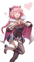 Rule 34 | 1boy, absurdres, ankle boots, armor, astolfo (fate), black shirt, black thighhighs, blue skirt, boots, bow, braid, cape, chinese commentary, commentary, covered navel, fang, fate/grand order, fate (series), faulds, feet out of frame, fur-trimmed cape, fur trim, garter straps, gold trim, hair bow, hair intakes, hands up, heart, heart hands, highres, leg up, long braid, long hair, long sleeves, looking at viewer, luai, male focus, multicolored hair, one eye closed, open mouth, pink bow, pink hair, purple eyes, red cape, shirt, simple background, single braid, skin fang, skirt, smile, solo, streaked hair, thighhighs, trap, two-tone cape, white background, white cape, white footwear, white hair
