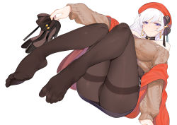 Rule 34 | 1girl, absurdres, alternate costume, aran sweater, arm support, ass, azur lane, beijuu, belfast (azur lane), belfast (shopping with the head maid) (azur lane), beret, black footwear, black pantyhose, black skirt, blue eyes, blush, breasts, brown sweater, cable knit, choker, closed eyes, earrings, feet, foot focus, foreshortening, half-closed eyes, hat, high heels, highres, holding, holding clothes, holding footwear, hoop earrings, jewelry, large breasts, legs, long hair, looking at viewer, no shoes, off-shoulder sweater, off shoulder, pantyhose, pencil skirt, red hat, shawl, shoes, sidelocks, silver hair, simple background, skirt, smile, solo, spread toes, sweater, thighband pantyhose, toes, unworn footwear, unworn shoes, very long hair, white background