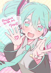 Rule 34 | 1girl, anniversary, azurite0012, blue eyes, blue hair, blush, collared shirt, commentary, detached sleeves, hatsune miku, headset, heart, heart-shaped pupils, long hair, long sleeves, looking at viewer, multicolored eyes, nail polish, necktie, open mouth, pink eyes, project diva (series), shirt, sleeveless, sleeveless shirt, smile, solo, symbol-shaped pupils, twintails, upper body, v, vocaloid