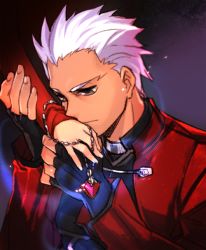 Rule 34 | 1boy, archer (fate), bad id, bad pixiv id, dark-skinned male, dark skin, empew, fate/stay night, fate (series), fingerless gloves, gloves, grey eyes, jewelry, male focus, necklace, solo, tohsaka rin, white hair