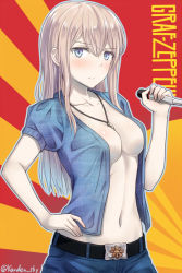 Rule 34 | 10s, 1girl, belt, blonde hair, breasts, cleavage, collarbone, female focus, graf zeppelin (kancolle), jewelry, kanden sky, kantai collection, large breasts, long hair, microphone, navel, necklace, open clothes, open shirt, pendant, puffy short sleeves, puffy sleeves, shirt, short sleeves, skirt, solo, twitter username