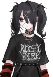 Rule 34 | 1girl, alternate costume, ame-chan (needy girl overdose), arm warmers, belt, black collar, black hair, black shirt, closed mouth, clothes writing, collar, cross, cross necklace, expressionless, eyepatch, grey eyes, hair ornament, hair over one eye, highres, jewelry, long hair, looking at viewer, medical eyepatch, necklace, needy girl overdose, print shirt, sanmanako, shirt, short sleeves, simple background, solo, t-shirt, twintails, upper body, white background, x hair ornament