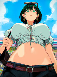 1girl absurdres bag blue_sky breasts cloud commentary crop_top day denim earrings english_commentary eyewear_on_head female_pov from_below green_eyes green_hair handbag highres jeans jewelry large_breasts light_blush midriff mixed-language_commentary navel open_mouth outdoors pants pov shirt short_hair sky solo spanish_commentary stomach white_shirt