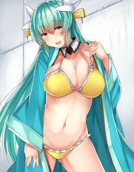 Rule 34 | 1girl, :d, aqua hair, bikini, blush, breasts, coat, commentary request, contrapposto, cowboy shot, detached collar, fate/grand order, fate (series), gluteal fold, hair between eyes, hair ornament, horns, kiyohime (fate), kiyohime (swimsuit lancer) (first ascension) (fate), large breasts, long hair, long sleeves, looking at viewer, navel, open mouth, sabujiroko, smile, solo, standing, swimsuit, very long hair, wide sleeves, yellow bikini, yellow eyes