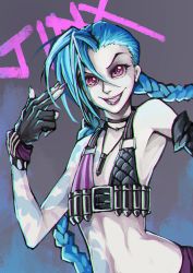 Rule 34 | 1girl, absurdres, bare shoulders, blue hair, braid, bullet necklace, fingerless gloves, flat chest, gloves, grin, hairline, highres, hjz (artemi), jewelry, jinx (league of legends), league of legends, lipstick, long hair, makeup, nail polish, necklace, smile, solo, twin braids, very long hair