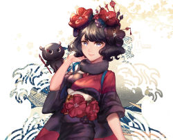 Rule 34 | 1girl, black hair, blue eyes, commentary, commentary request, english commentary, fate/grand order, fate (series), flower, hair flower, hair ornament, hair stick, highres, japanese clothes, katsushika hokusai (fate), kimono, looking at viewer, miothle, octopus, paintbrush, short hair, solo, tokitarou (fate), wavy hair