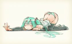 Rule 34 | 1girl, @ @, aqua hair, ass, blush, boots, butt crack, detached sleeves, full body, hair between eyes, hair ornament, hatsune miku, long hair, no pants, outstretched arm, panties, simple background, solo, striped clothes, striped panties, thigh boots, thighhighs, top-down bottom-up, twintails, underwear, vocaloid, white background, wokada